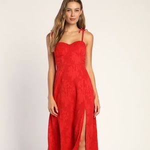 NWT LULUS Loveliest Looks Red Floral Jacquard Tie-Strap Midi Dress